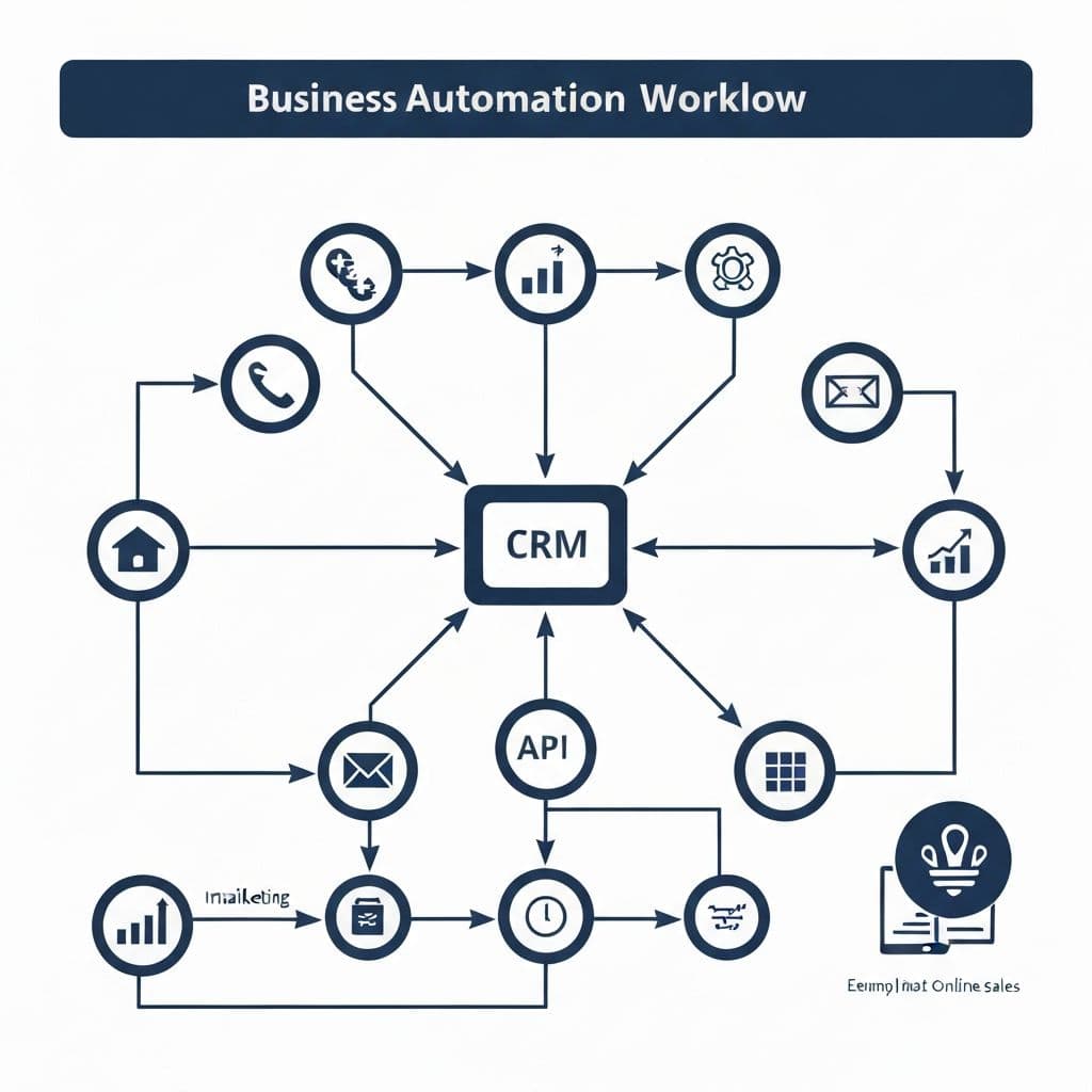 Business automation and ERP services - YFC Solution's workflow automation dashboard displaying CRM integrations, WhatsApp API connections, n8n workflows, and Oracle APEX data management systems